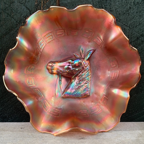 Vintage | Marigold Carnival Glass Horse Head Bowl